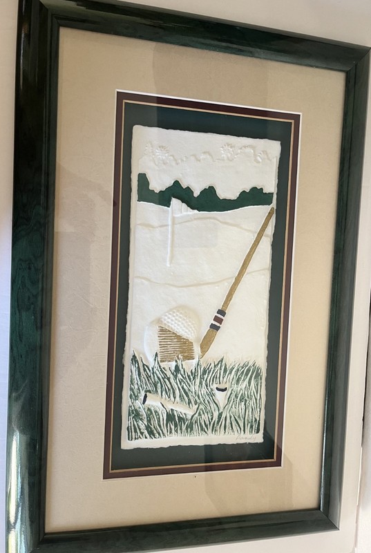 Golf art piece, framed, hand-cast hand-painted, framed, signed.