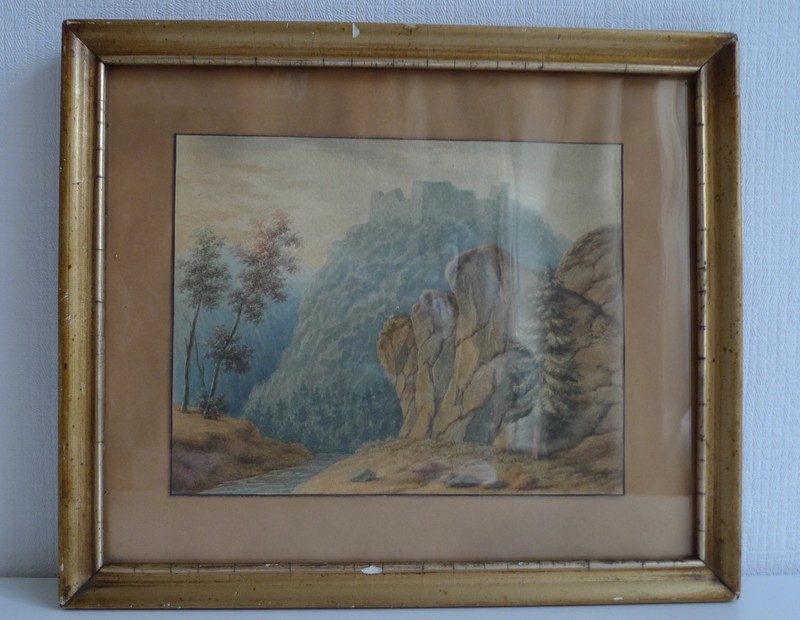 IMPRESSIONIST - MOUNTAIN LANDSCAPE WITH CASTLE AND RIVER - ENGLAND ? WATERCOLOUR CIRCA 1900 gallery