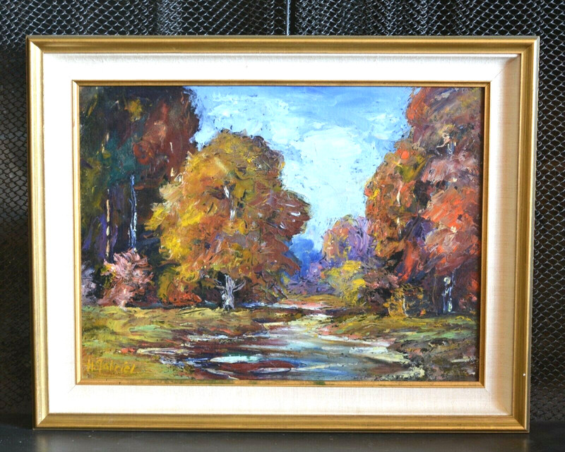 Original Impressionist Landscape Painting – Creek Woods in Autumn – H. Gabriel