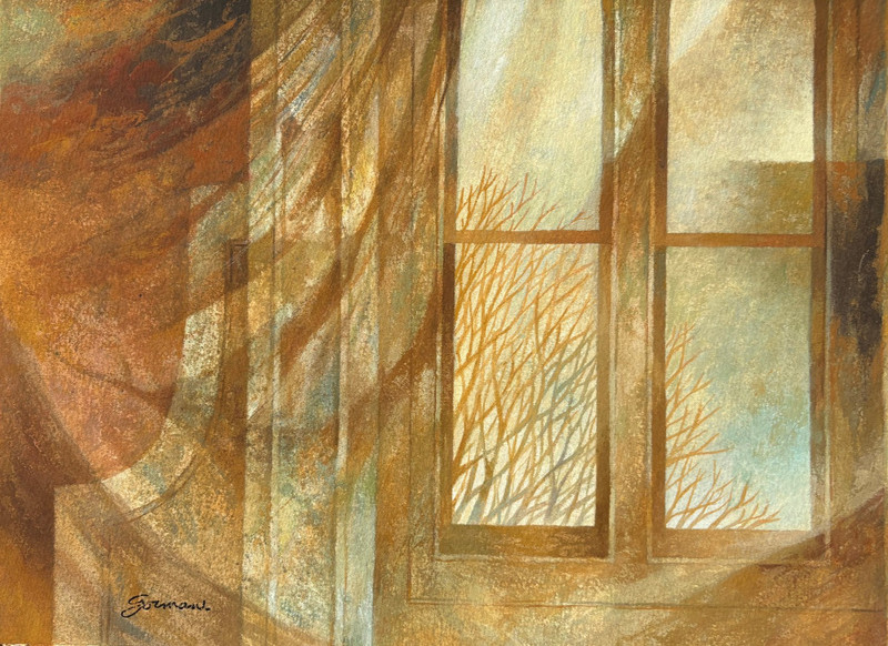 Reflections from a Windswept City Building Casein Painting-1970s-William Gorman gallery