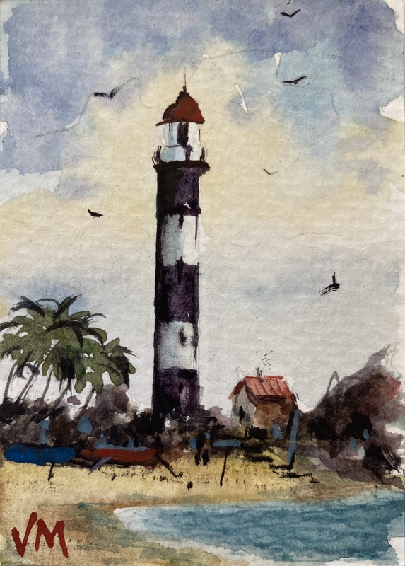 ACEO Original Watercolor Painting collectible art card “ Lighthouse In India ”