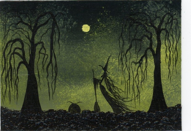ACEO Original Acrylic Halloween Fantasy Mini Eerie Forest Witch Painting HYMES