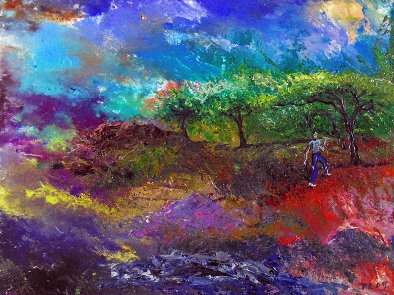 TO THE FISHING HOLE Arthur Robins Original Nyc Art Fish Landscape Trees Painting