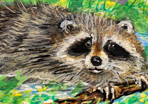 ORIGINAL ACEO Painting RACCOON Spring Flowers Landscape Animal Wild Nature ART
