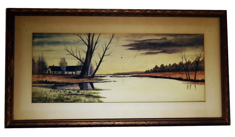 23″ Antique Watercolor Painting on Paper Lakescape Small Village Country Side