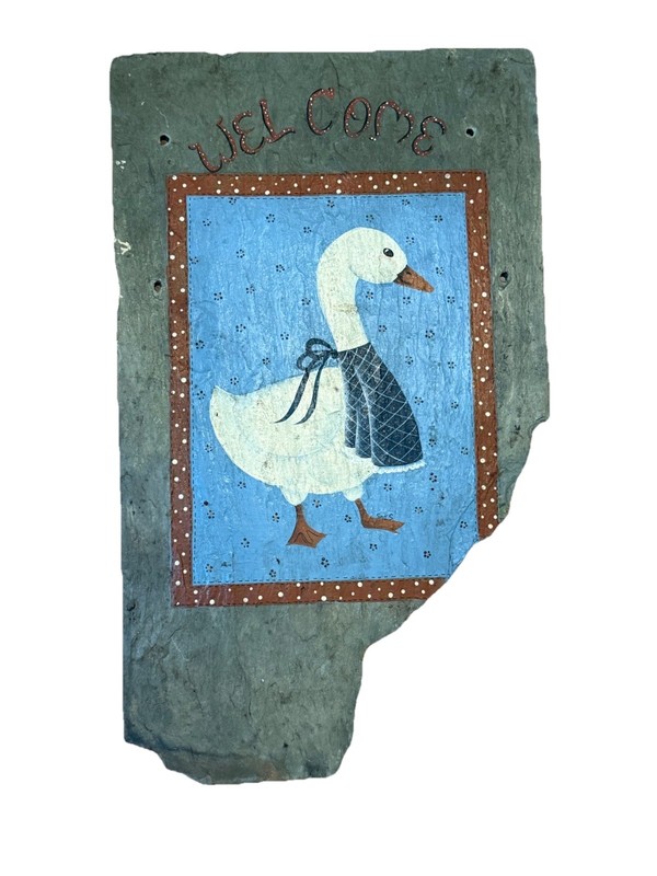 VTG 80s 90s Hand Painted Slate Goose Welcome Sign Home Decor Cottagecore 12×20”