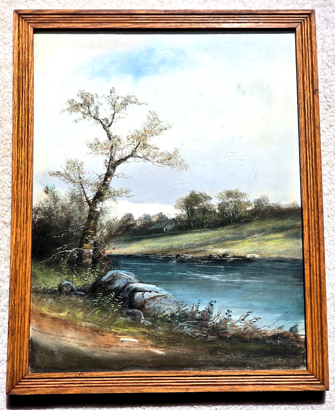 Scenic Vintage Chalk Pastel by DeWitt Cleaned with Acid Free Backing Oak Frame