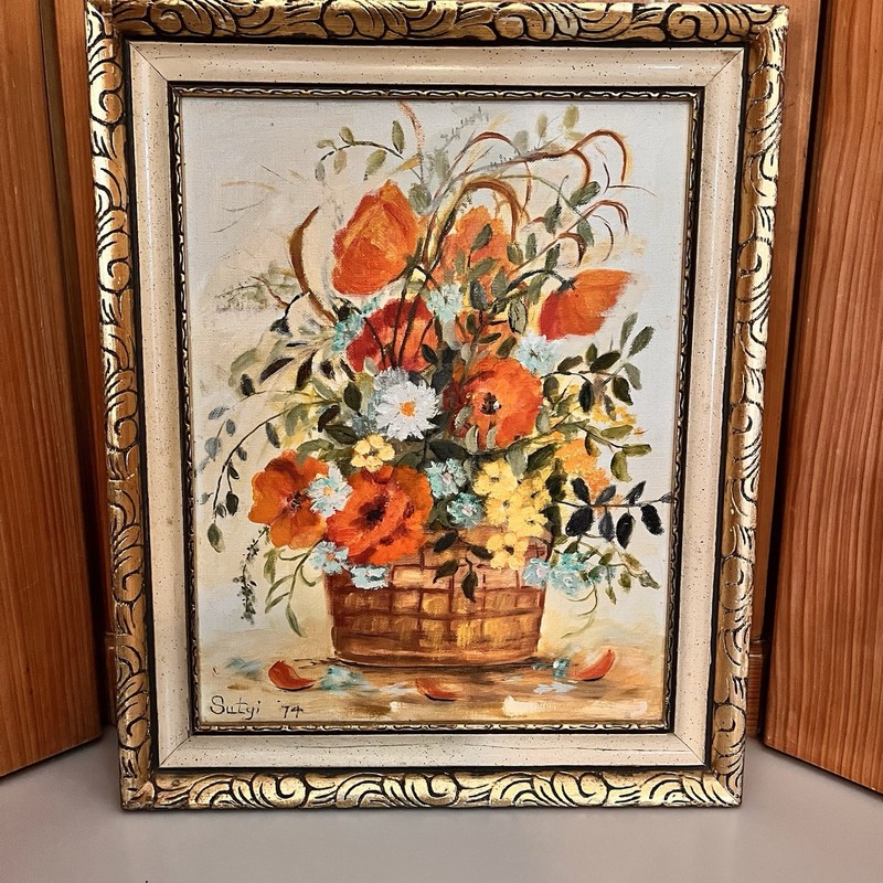 Mid Century Modern Oil Painting on Board Orange Aqua Yellow Brown Flowers