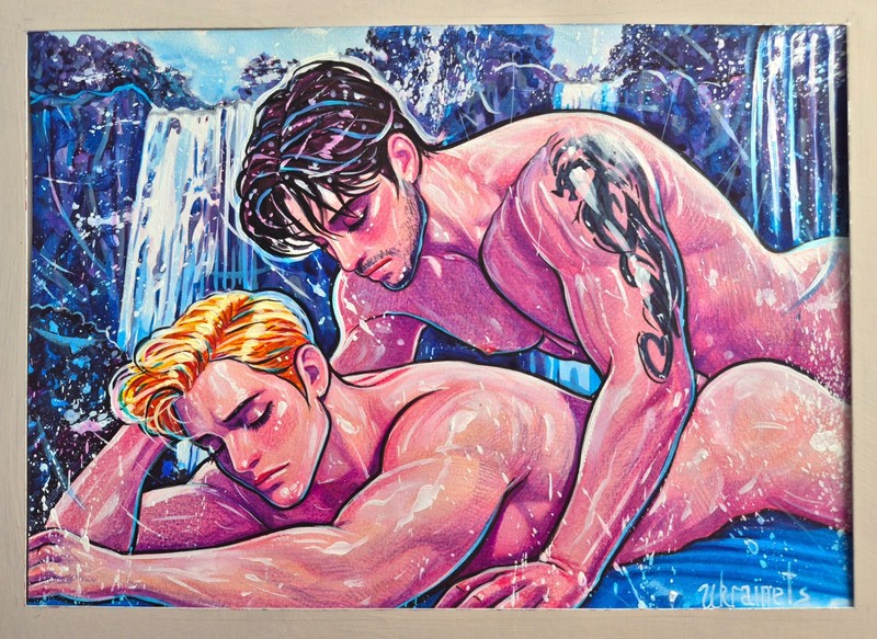 Original LGBTQ Male Painting Romantic Gay Men Lovers Artwork A4 Sensual Handmade