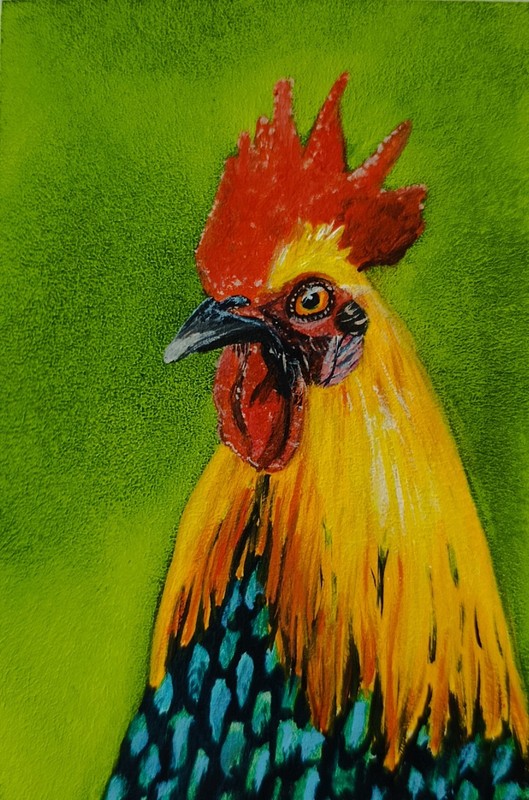 ORIGINAL Oil Painting Rooster Contemporary Wall art Miniature Handmade Birds