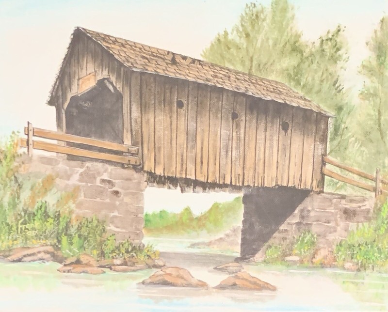 SIGNED ORIGINAL WATERCOLOR PAINTING OF OLD COVERED BRIDGE QUICK CREEK OREGON
