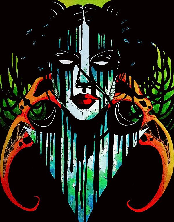 Melting Woman ~ Orange Bird Skills~ Inked Watercolor ~ GOTHIC FANTASY ART 11×14
