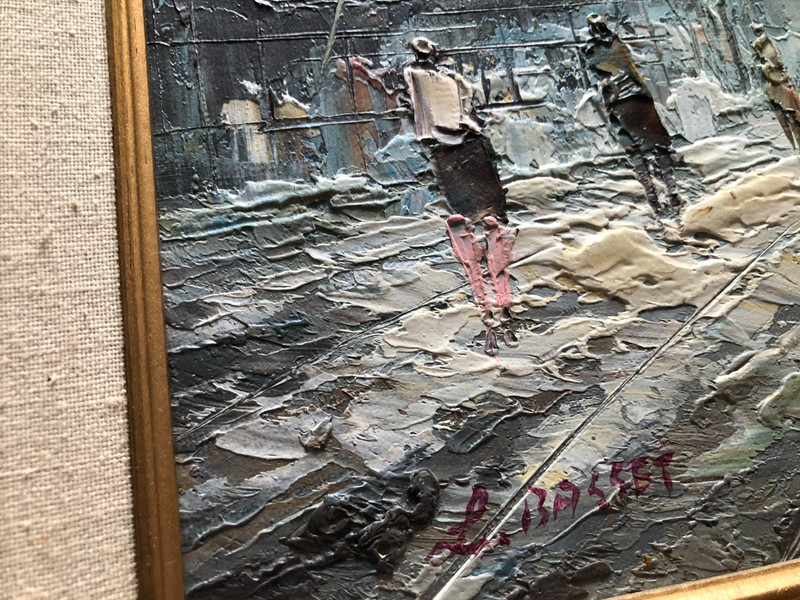 Vintage oil on canvas Parisian street scene signed L Basset in MCM frame gallery