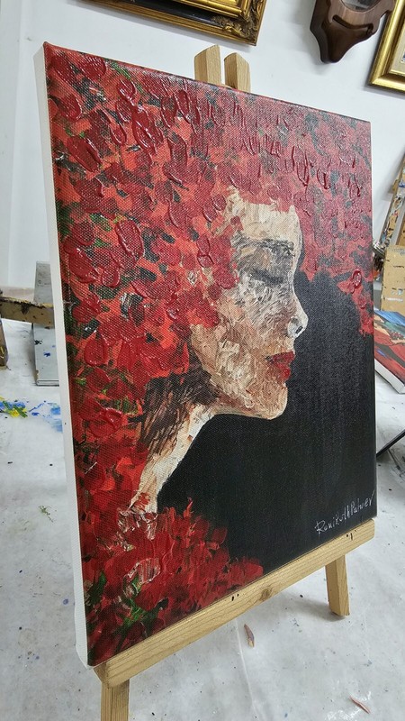Original mixed media on canvas modern art woman in red. profile portrait gallery