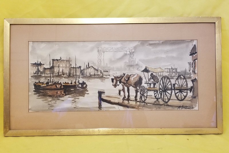Vintage Original Watercolor By Almeida With Golden Frame 12″x22″