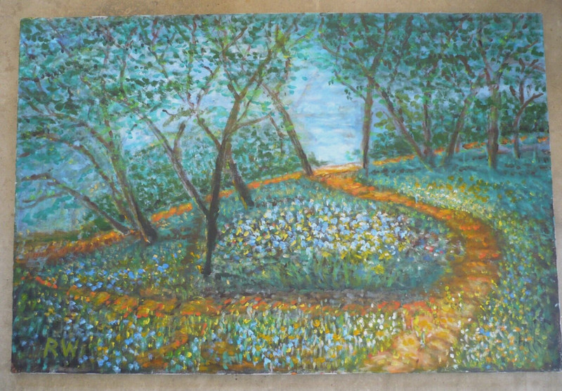 ROBERT WENZEL, VINTAGE MODERN GARDEN FLOWERS FLORAL FIELD IMPRESSIONIST OIL CA