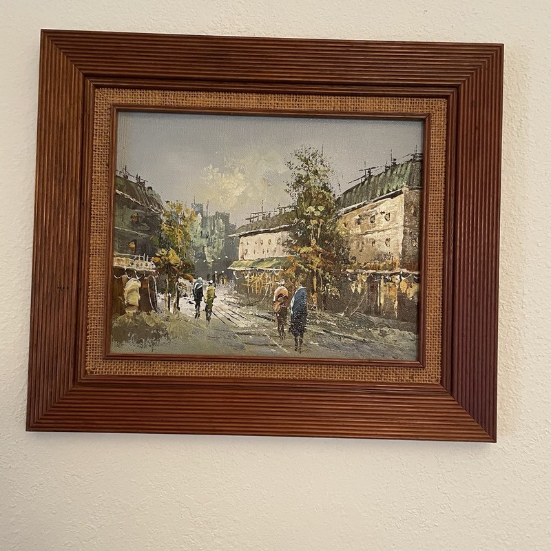 Mid Century Oil Painting Street Scene Textured Wood Frame Burlap Mat Retro