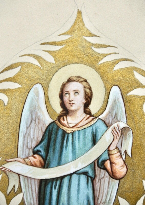Angel with ribbon against gold background in ornamental cartridge, gouache, 19th century gallery