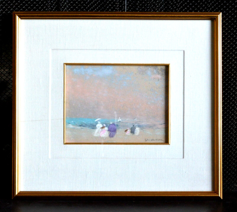 Gabrielle Bellocq (1920-1999) Original Pastel – Families at the Beach – France