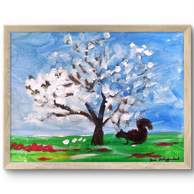 Cherry Tree Squirrel Modern Original Signed Wall Art Canvas Acrylic 11x14 BACH
