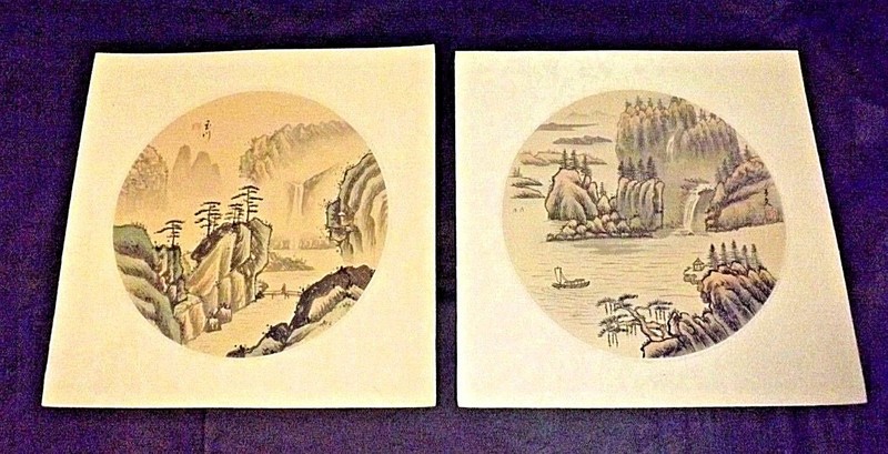 2 ORIENTAL RICE PAPER PAINTING READY FOR FRAMING 12 INCHES SQUARE LANDSCAPE