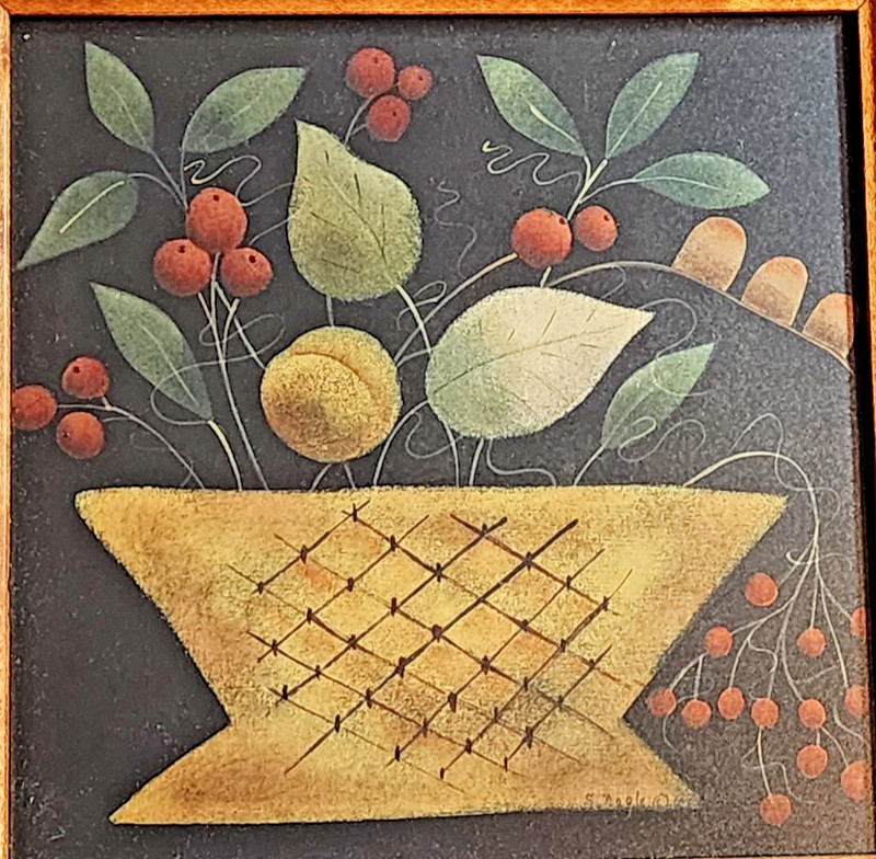 Still life Folk Art Painting of Fruit in Basket Signed by Artist & Framed 8"x 8" gallery