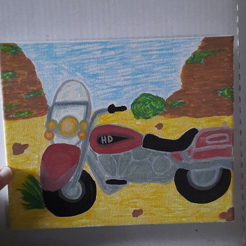 Desert Metallic Red Harley Davidson OOAK Acrylic Painting Signed 10in x 8in