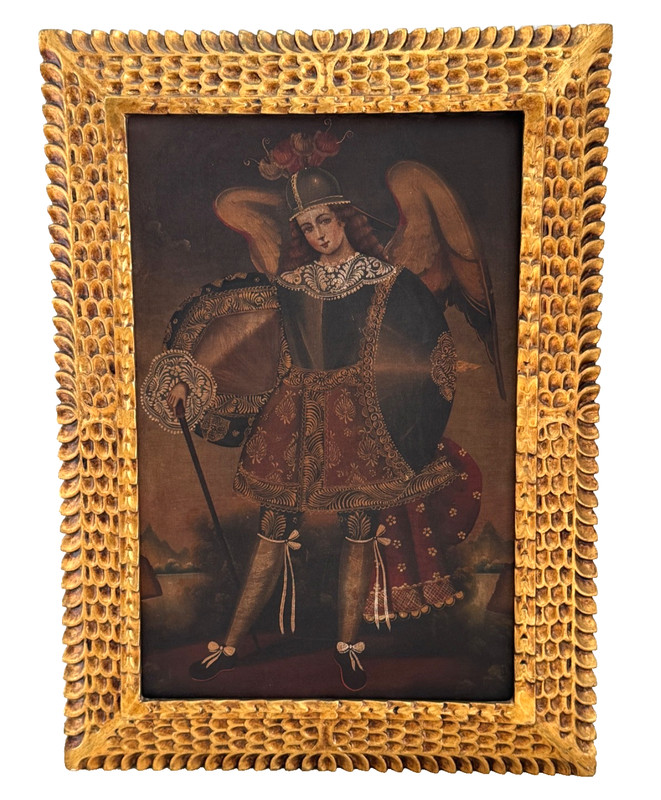 Vintage Fine Cuzco School Archangel Raphael Oil on Canvas Painting
