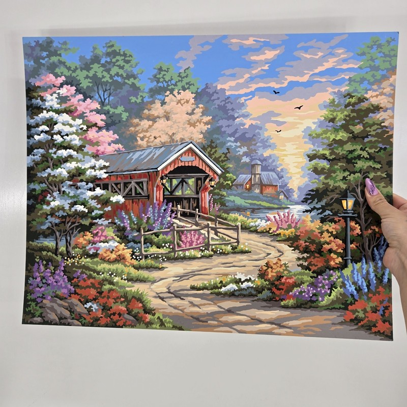 Red Covered Bridge Finished Acrylic Painting Paint By Number Painting 16x20 gallery