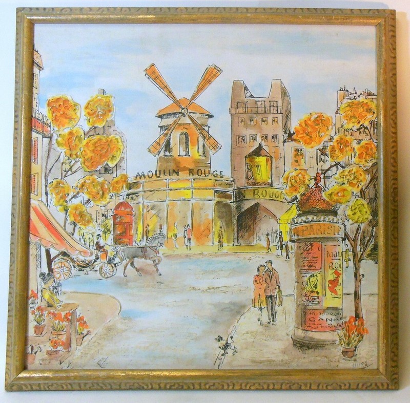 Mid Century Modern MOULIN ROUGE Painting Paris France Signed French Poodle Dog