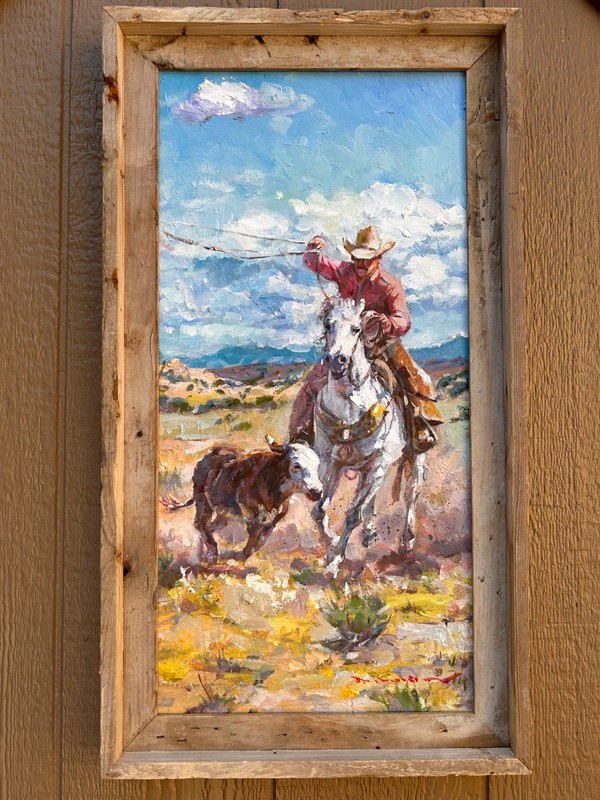 Cattle Roping Cowboy -Oil Painting Framed Signed