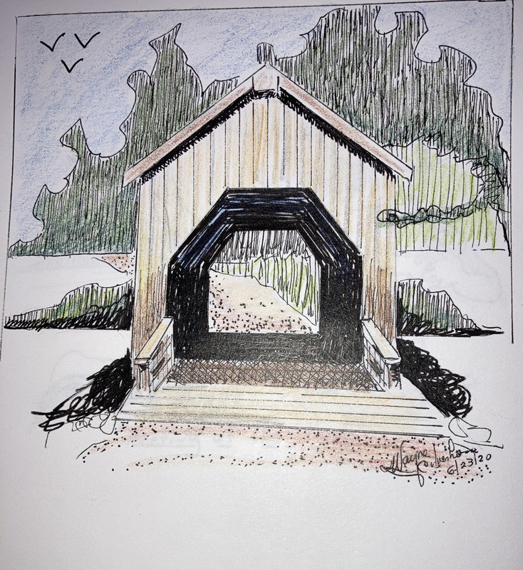 original pen and ink mixed media art by wayne Culverhouse. covered bridge. Trees gallery