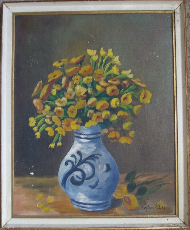 E. Pommerencke Blumenstillleben Strauß Gelb Vase Krug Blüten Antik Signiert