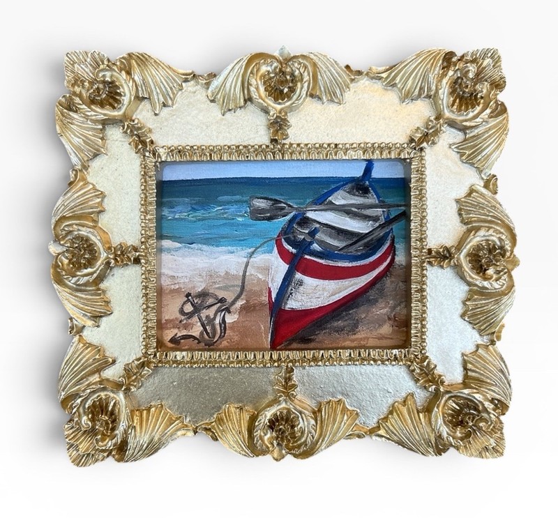 Rowboat mini watercolor print of original painting in vintage style ornate frame
