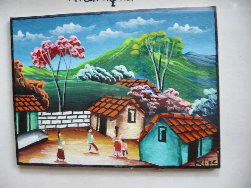 FINE VINTAGE FOLK ART NICARAGUA VILLAGE SCENE MINIATURE OIL COLORFUL LATIN ART gallery