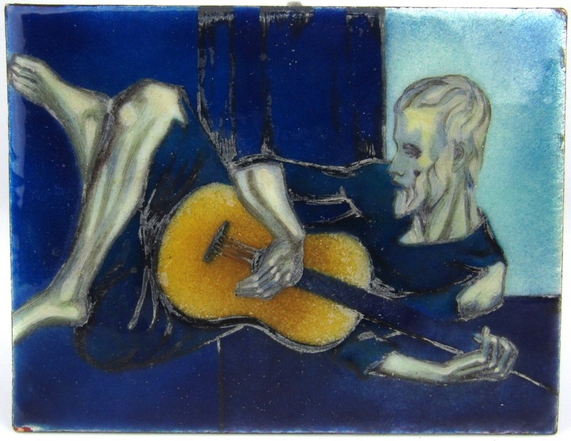 Vintage Picasso Old Guitarist Enamel Painting On Copper Spanish Guitar Player