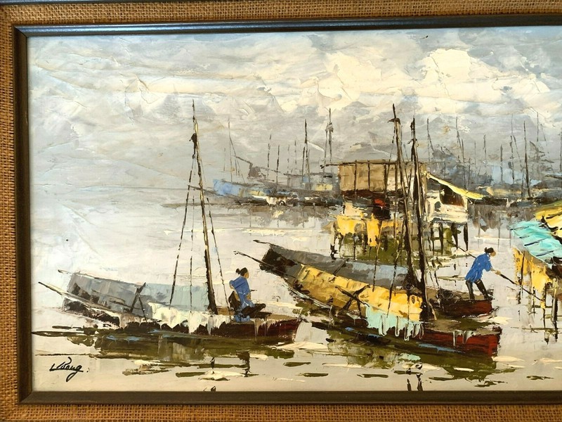 VINTAGE OIL PAINTING ORIGINAL SIGNED ASIAN PORT SHIPS TEXTURED COLORFUL gallery