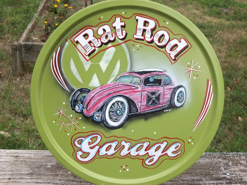 Rat Rod Garage 12″pan sign VW Wolkswagen,Beetle,Bug,Hot Rod Pinstripe art Fink
