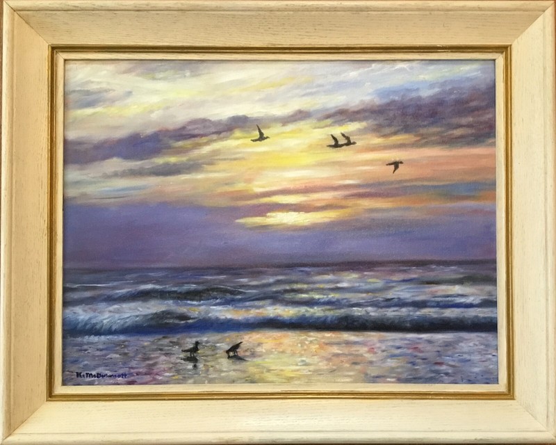MORNING GULLS – framed original 18×24 inch oil seascape painting by K. McDermott