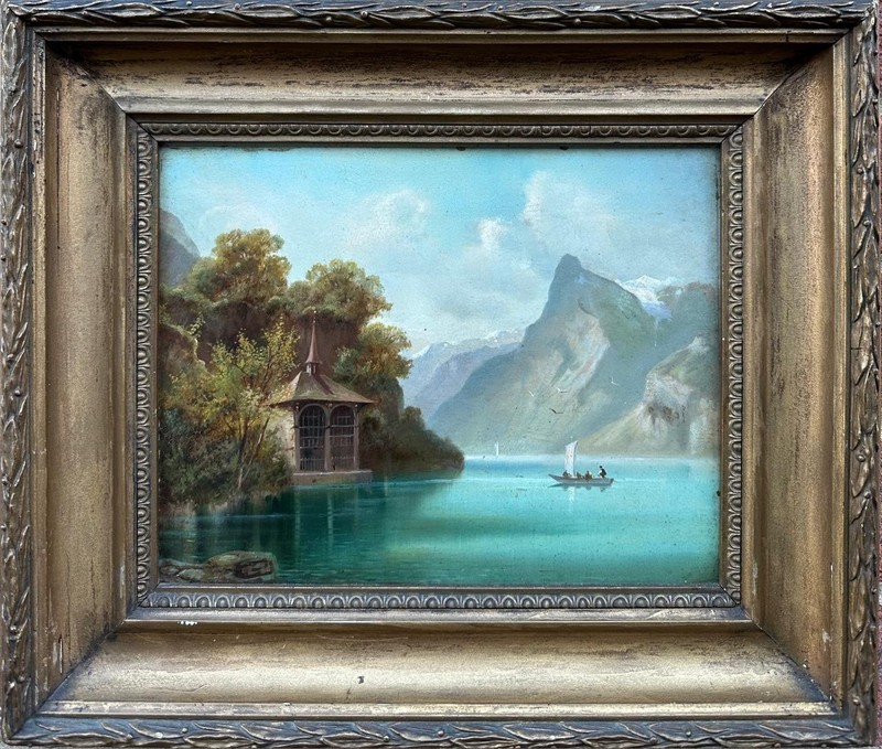 Hubert Sattler (1817-1904) : Italian Lake With Summerhouse, Oil On Board