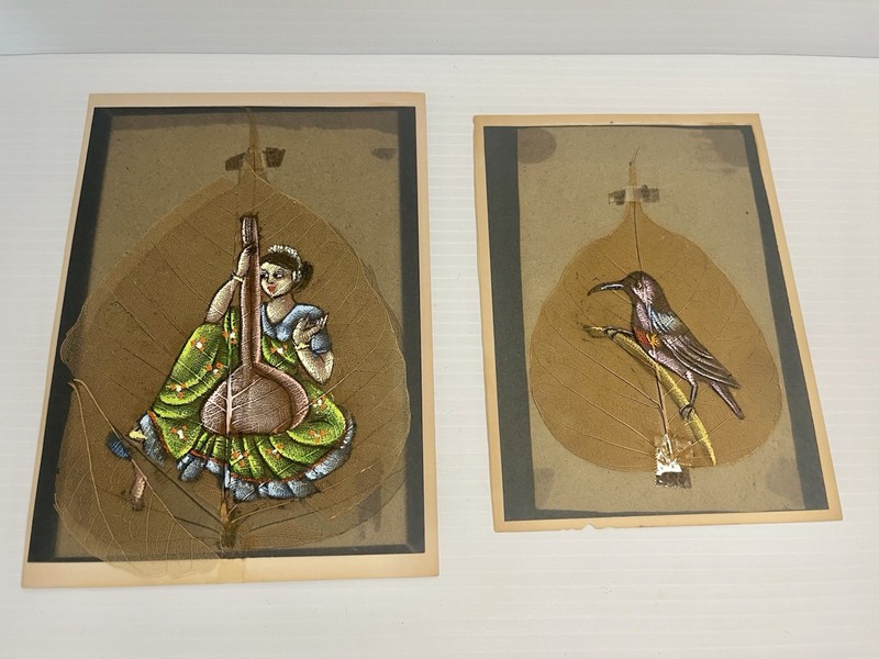 Vintage hand-painted Peepal tree leaf paintings From India