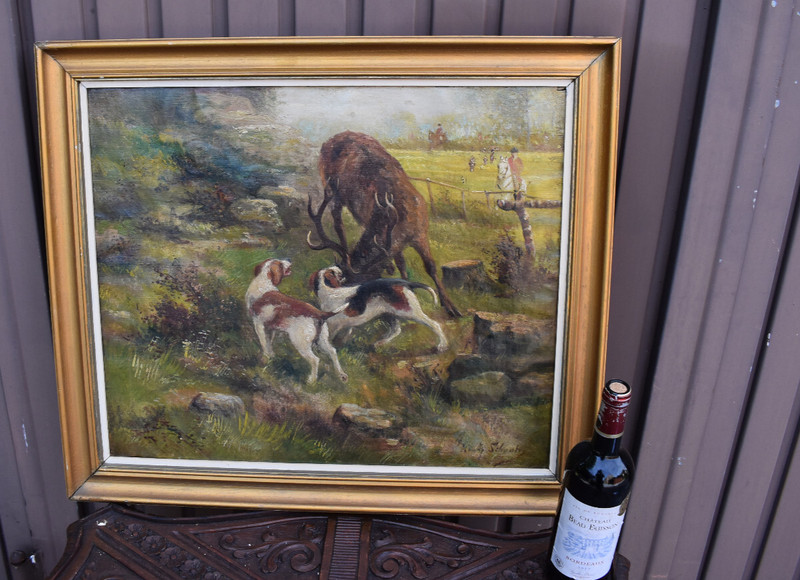 Antique Belgian henry Schouten hunt dogs flemish fields oil canvas paintingol gallery