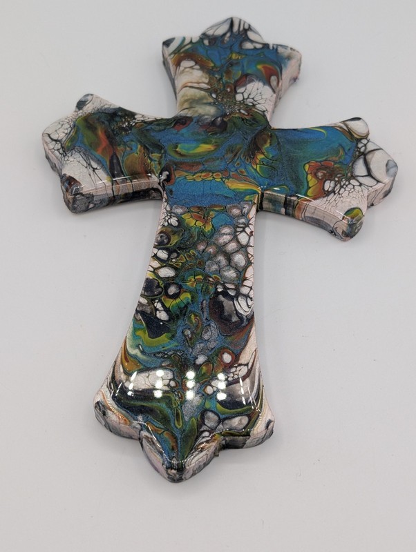 Beautiful OOAK handpainted Abstract Paint Pour Hanging Wall Cross Artist Signed