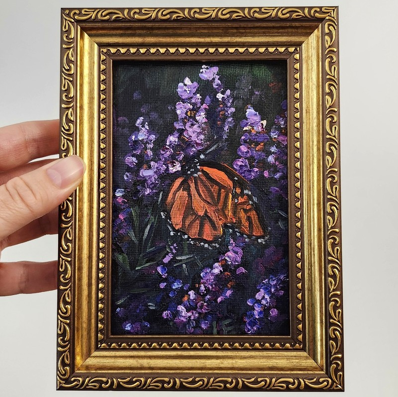 Framed Textured Monarch Butterfly Original Oil Painting 4×6 Signed Lavender Art