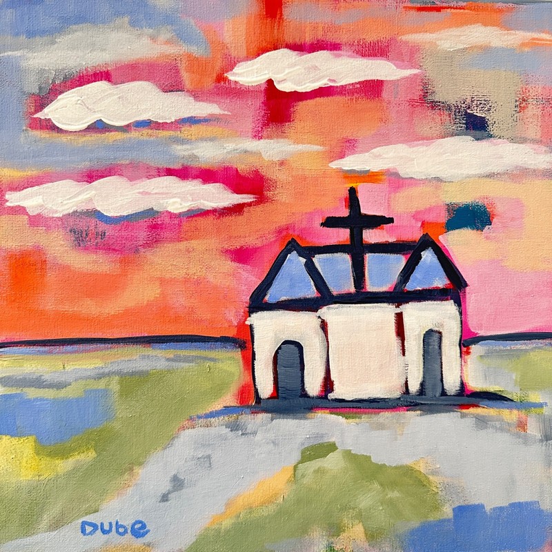 DUBE Original Painting Landscape Chapel/Church 12×12″ Canvas OOAK