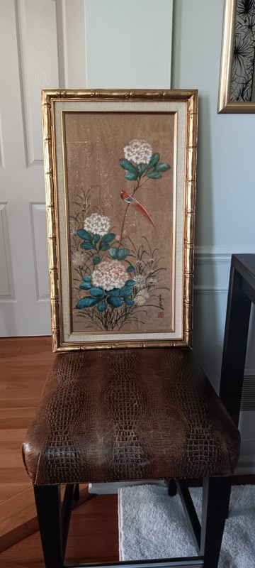 Asian Watercolor Painting Cork Paper Bird / Floral Bamboo Frame Signed 16 x 28 gallery