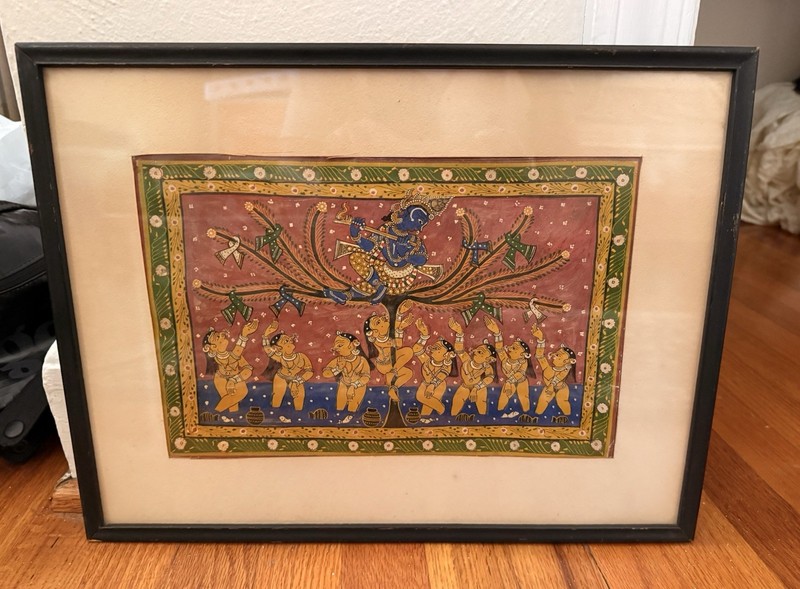 Original Hand Painted Indian Folk Art, Vastraharan, Krishna And Gopis