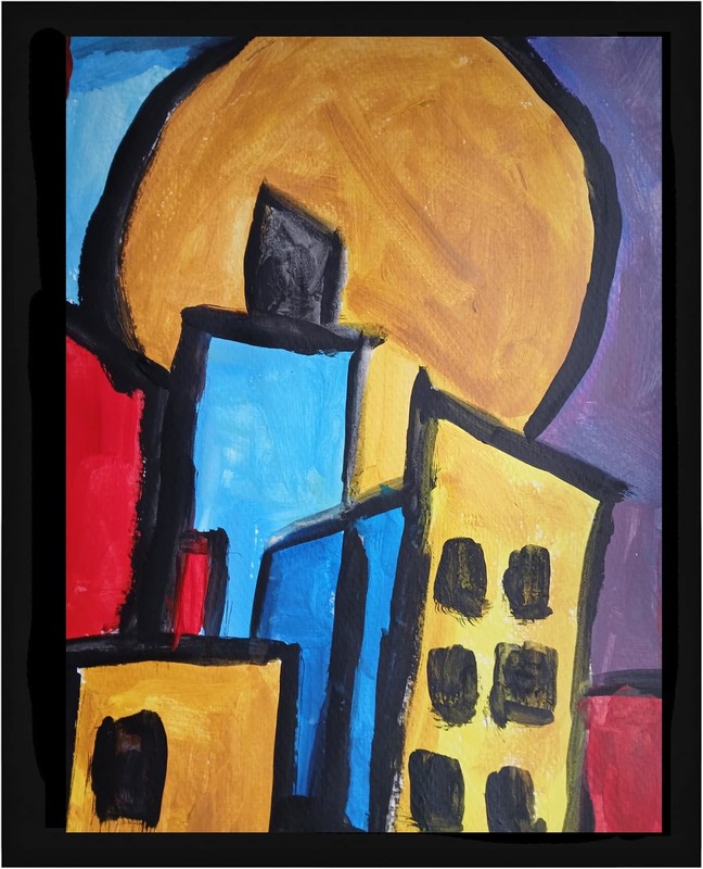 Abstract 11 x 14 Moonlit Cityscape, Colorful Original Acrylic Art Painting