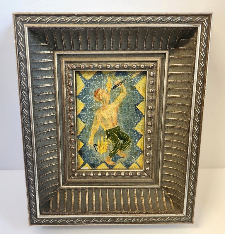 PIKE POWERS Oil On Canvas Art FLAME THROWER 1994 Signed Frame 4-7/8 X 5-13/16
