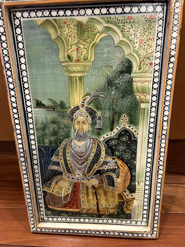 Miniature Mughal Emperor Hand Painted On Wood Board 9”X15” ***crack In Wood